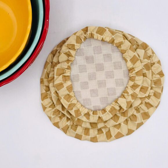 Cotton Bowl Cover For Sourdough, 3 Size Set, Reusable, Washable Neutral Checker - Picture 3 of 4